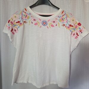 Boden White Floral Embroidered T-Shirt Size 8 Boho Beachy